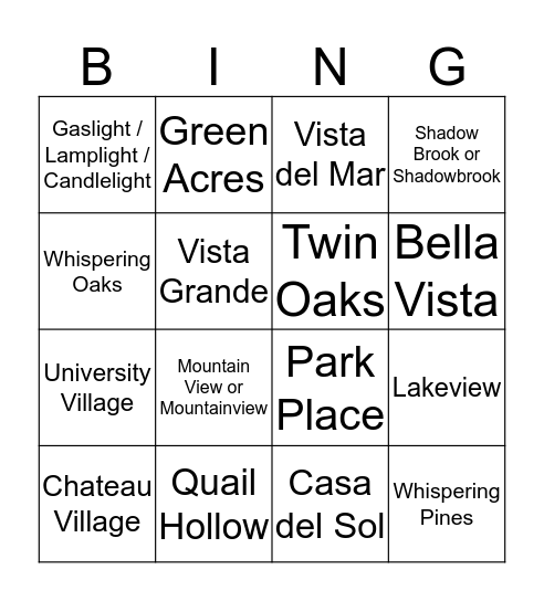 Neighborhoods Bingo Card