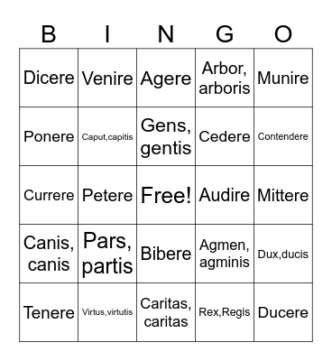 Latín vocabulary Bingo Card
