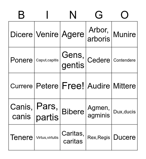 Latín vocabulary Bingo Card