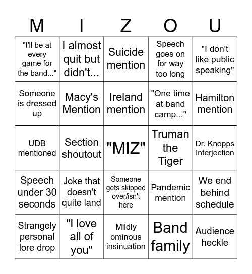 Marching Mizzou 2025 Senior Speeches Bingo Card