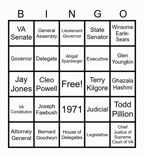VA State/Local Government Bingo Card