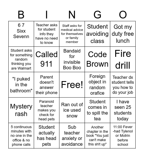 School Nurse Bingo Card