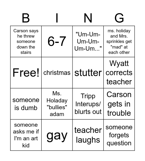 School Bingo Card
