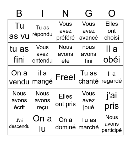 Passé Composé with Avoir Bingo Card