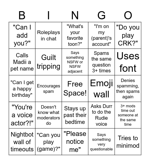 Dandiiclaire Mod Bingo Card