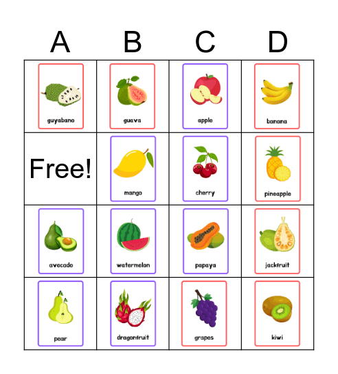 FRUITS AND VEGETABLE Bingo Card