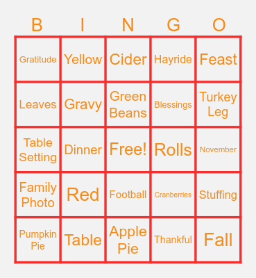 Thanksgiving BINGO Card