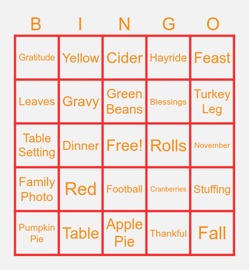 Thanksgiving BINGO Card