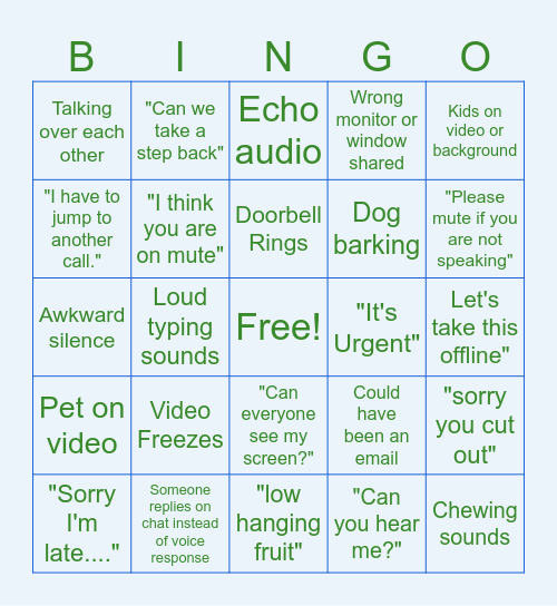 Remote Meeting Bingo Card