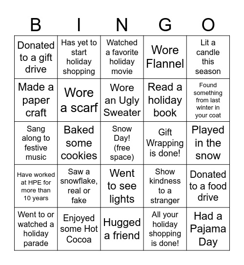 Pre-Holiday Break Bingo Card