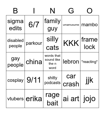 oh dear god Bingo Card