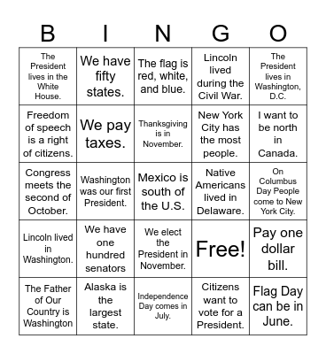 Citizenship Class November 19, 2025 Bingo Card