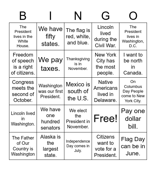 Citizenship Class November 19, 2025 Bingo Card
