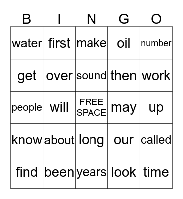 FRY WORDS Bingo Card