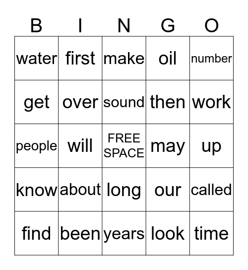 FRY WORDS Bingo Card