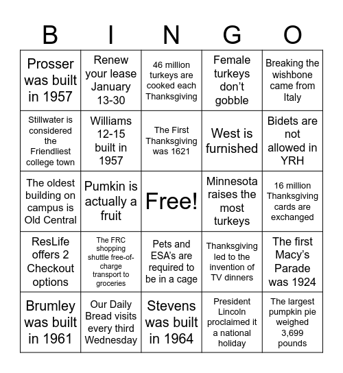 Thanksgiving Bingo Card