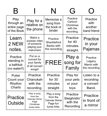 Thanksgiving Break Band Bingo Card