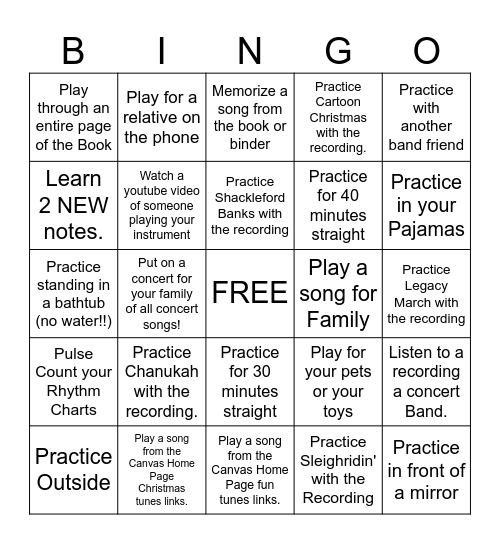 Thanksgiving Break Band Bingo Card