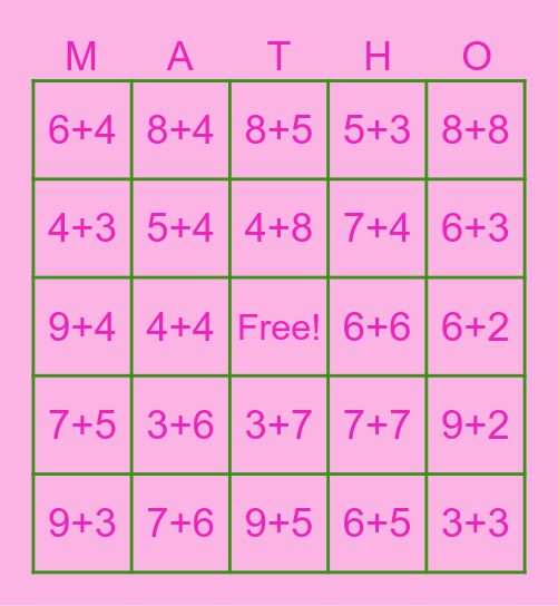 Basic Addition Bingo Card
