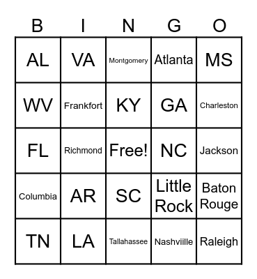 Southeast States Bingo Card