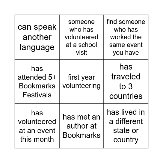 Bookmarks Volunteer Bingo Card