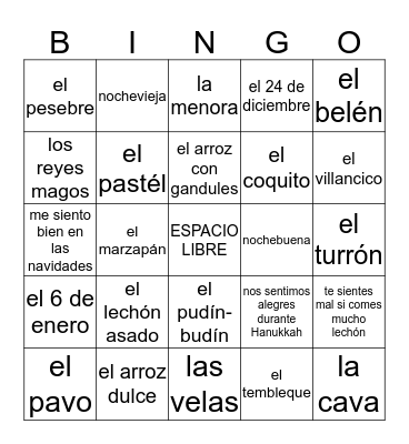 La Navidad en España y Puerto Rico y las emociones Bingo Card