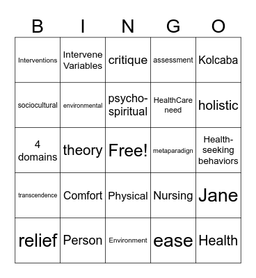 Comfort Theory Bingo Card