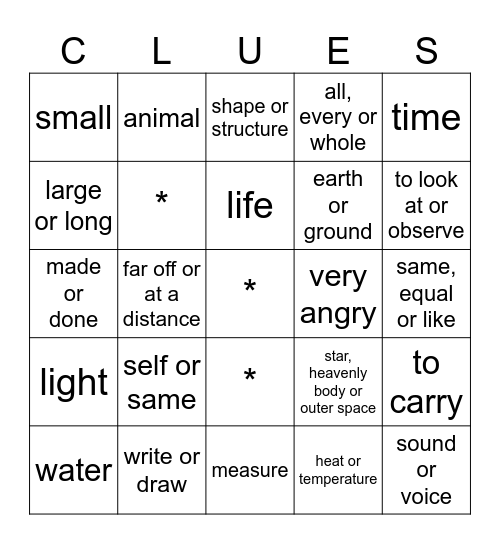 Greek/Latin Words Bingo Card