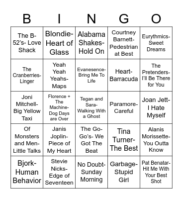 Radio Bingo Women of Rock Bingo Card