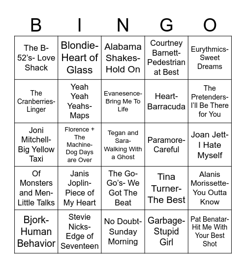 Radio Bingo Women of Rock Bingo Card