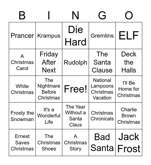 Holiday Movies Bingo Card
