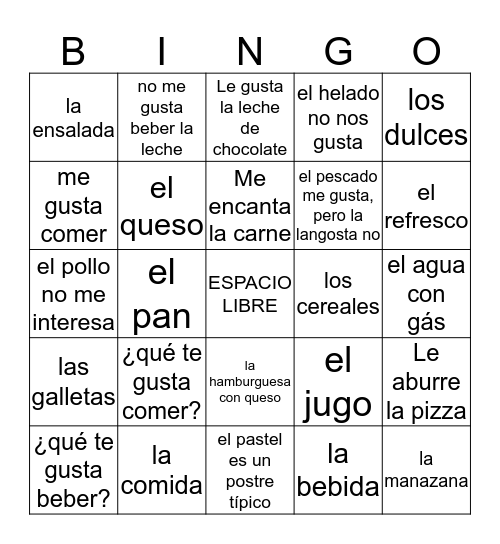 spanish food , likes and dislikes Bingo Card