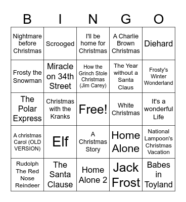 Holiday Movies Bingo Card