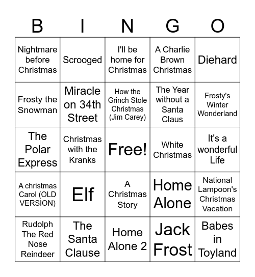 Holiday Movies Bingo Card