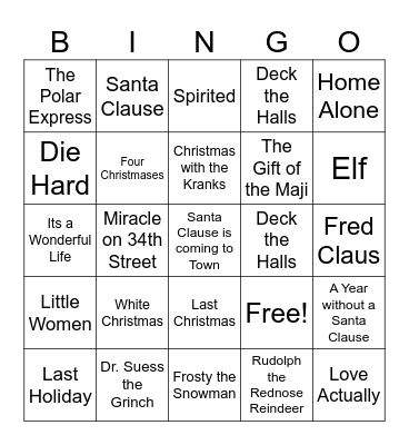 Holiday Movies Bingo Card