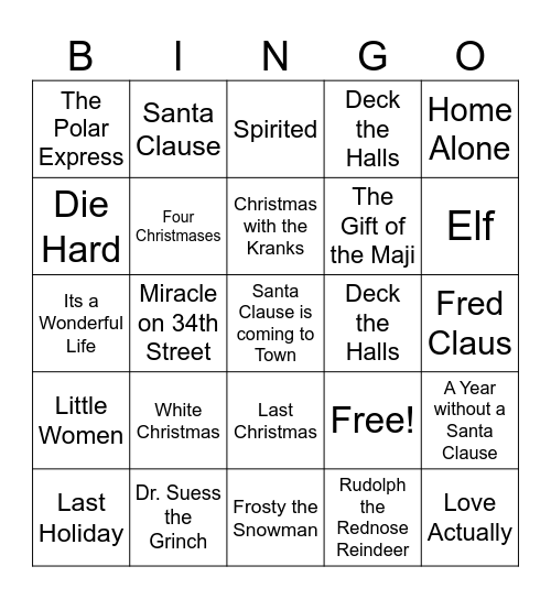 Holiday Movies Bingo Card