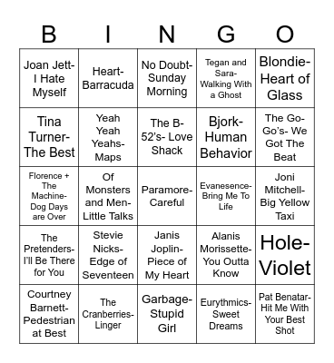 Radio Bingo Women of Rock Bingo Card