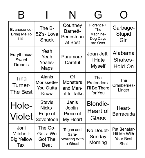 Radio Bingo Women of Rock Bingo Card