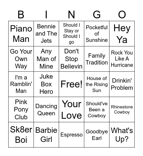 THE MERC'S MUSIC BINGO Card