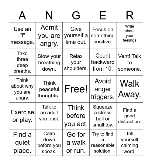 A N G E R Bingo Card