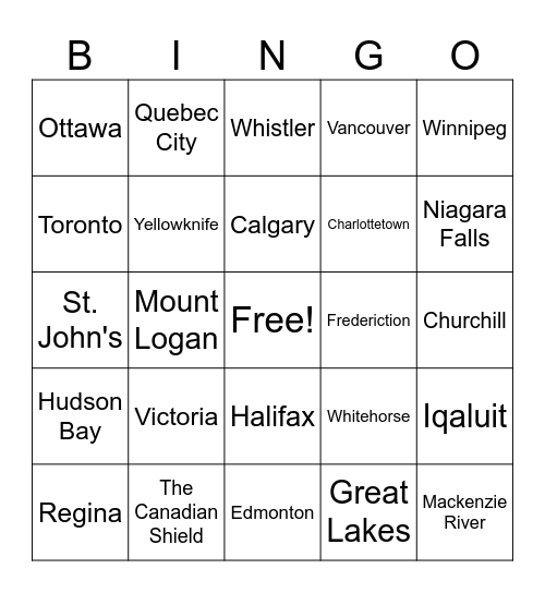Canadian Geography: Foundations Socials 5-7 Bingo Card