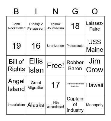 U.S. HIstory Review Bingo Card