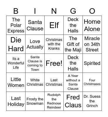 Holiday Movies Bingo Card