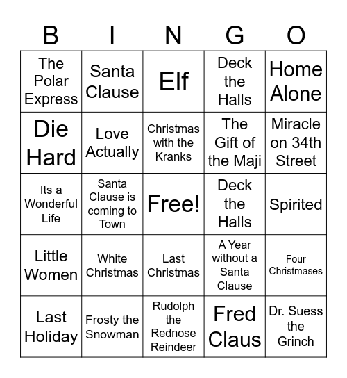 Holiday Movies Bingo Card