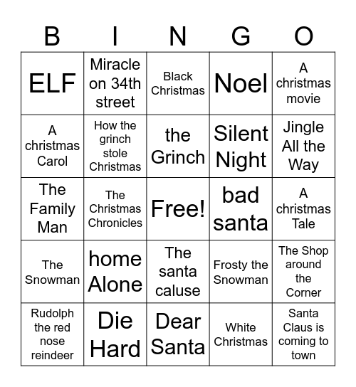 holiday movies Bingo Card