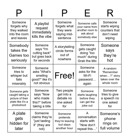 The Piper Family Bingo Card