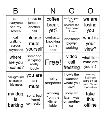 Work From Home Bingo Card