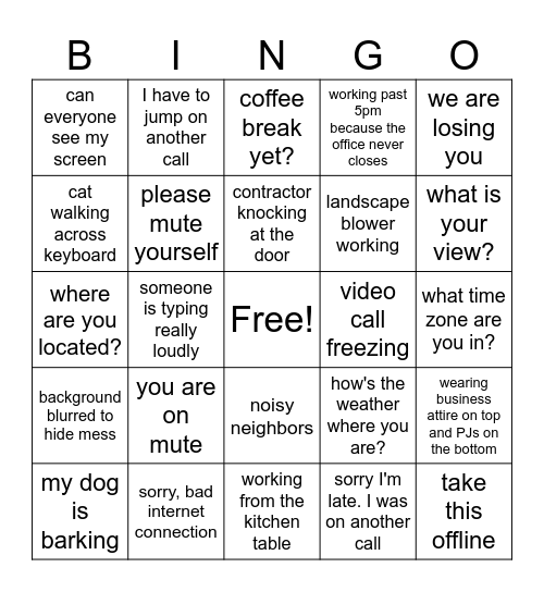 Work From Home Bingo Card