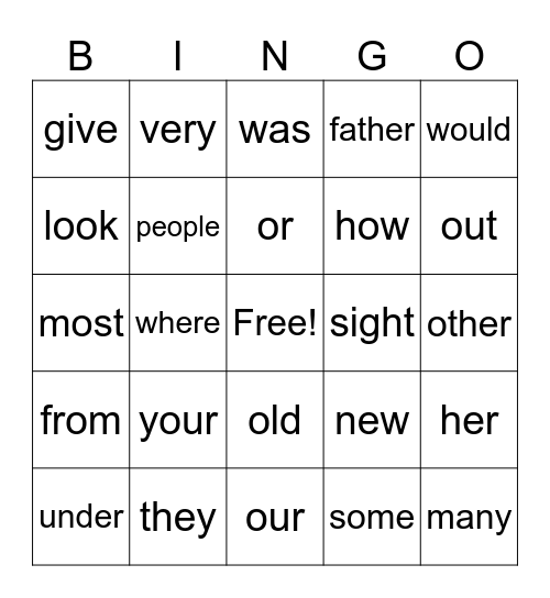 Sight Word Bingo Card