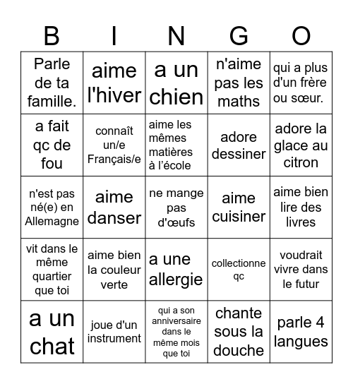 Trouve quelqu'un qui ...- en français! Bingo Card